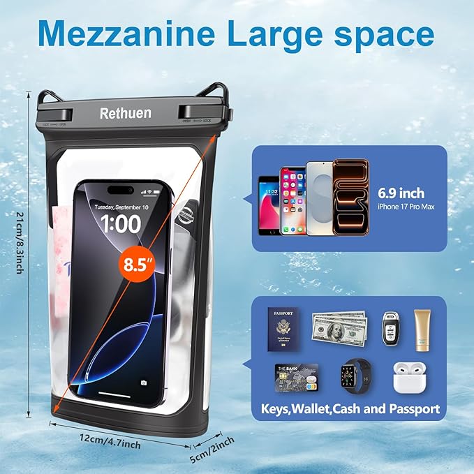 Large Waterproof Phone Pouch, 2Pack Floating Waterproof Bag for iPhone 17 16 15 Pro Max Galaxy S26 S25 S24 Ultra All Phones, Cell Phone Dry Bag for Beach Swimming Rafting Boating (Black + Black)
