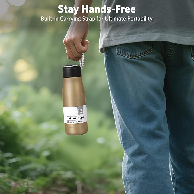 12 oz Insulated Water Bottle, Dusgut Wide Mouth Water Bottle,Stainless Steel,Wide Mouth Portable Lid, Gold