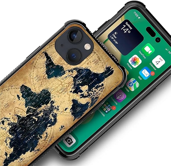 for iPhone 13 Case, Brown World Map Pattern Graphic Design Girl Boy Soft Silicone Hard Acrylic Shock Protection for iPhone 13