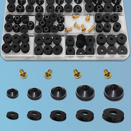 ZDBB 106 pcs Flat and Beveled Faucet Washers and Brass Bibb Screws Assortment for Use with Assorted Quick-Opening Style Faucets Stem Worn Out Washer Replacements Black