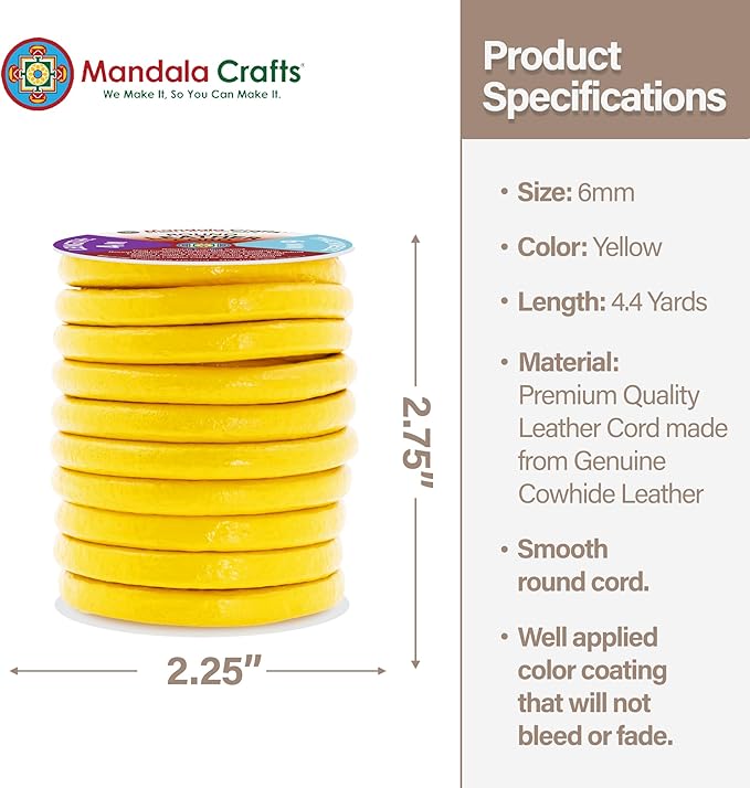Mandala Crafts Round Genuine Yellow Leather Cord for Jewelry Making – 6mm Cowhide Leather Rope String Lace for Kumihimo – 4.4 Yards Cowhide Craft Cording Spool