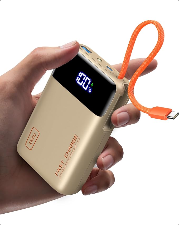 INIU 20000mAh Power Bank, Small Portable Charger, 45W PD Fast Charging Battery Pack with Build in USB-C Cable, Travel Phone Charger for iPhone 17 16 15 14 Air Samsung S25 S24 Google iPad Xiaomi, Beige