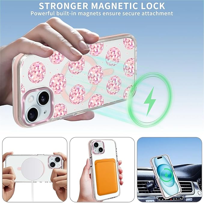 Case for iPhone 13/14,[Compatible with MagSafe],Disco Balls Pink Phone Case Design，for Women Girls Magnetic Clear Cover - Slim, Sleek, & Shockproof Protection