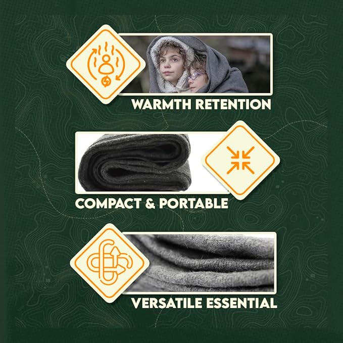 SE 51"x 80" Multipurpose Gray Wool Blanket - 50% Wool, Lightweight 2 lb, Zippered Bag Included - Ideal for Camping, Hiking, Emergency Survival