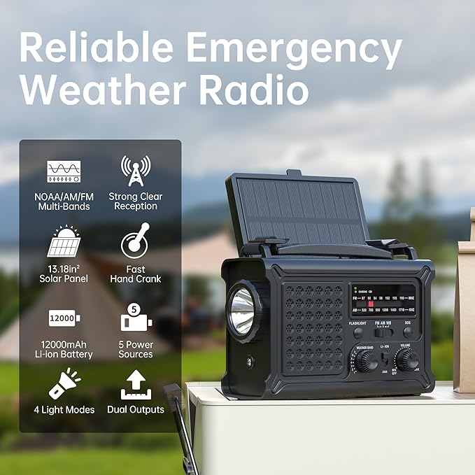 Mesqool Emergency Weather Radio NOAA Alert with Battery Backup 12000mAh Hand Crank Solar, Radios Portable AM FM LED Flashlight Cell Phone Charger for Home Camping Survival Kit