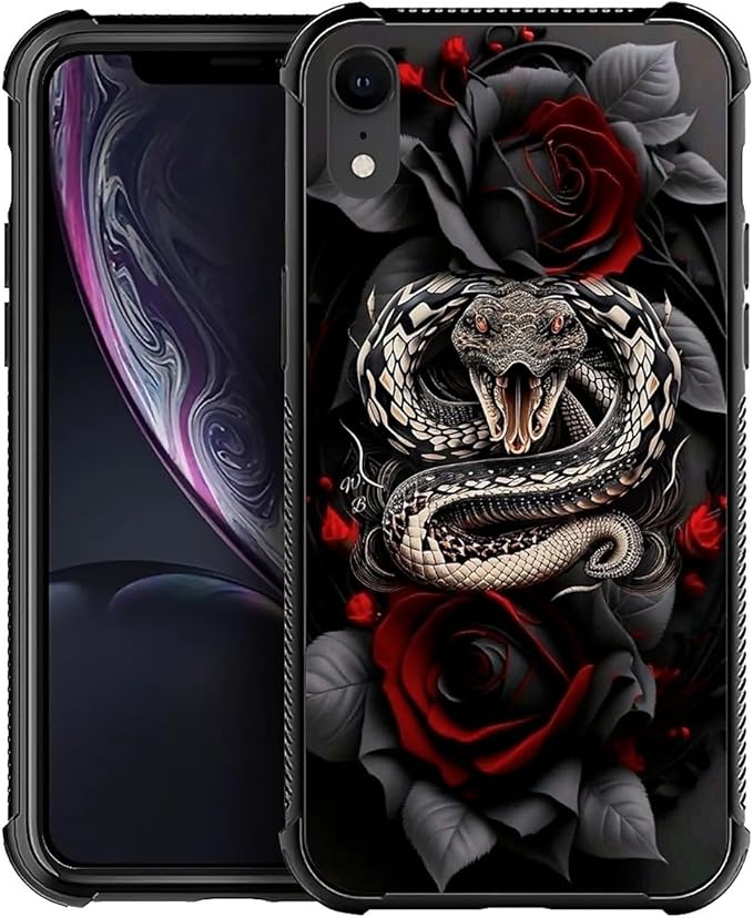 for iPhone XR Case, Entwined Rose Snake Pattern Graphic Design Girl Boy Soft Silicone Hard Acrylic Shock Protection for iPhone XR