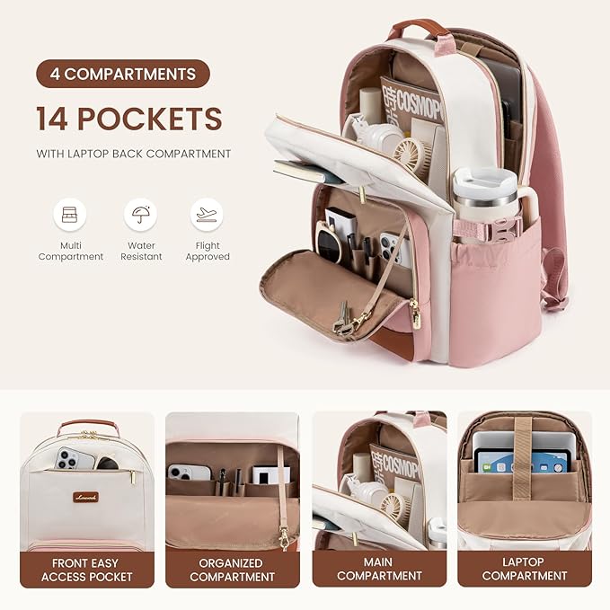 LOVEVOOK Laptop Backpack for Women with Pouch Pocket for Large Capacity Cup,18 Inch Teacher Nurse College Work Backpack Purse,Waterproof Laptop Bag Computer Back Pack for Travel, Beige-Pink-Brown