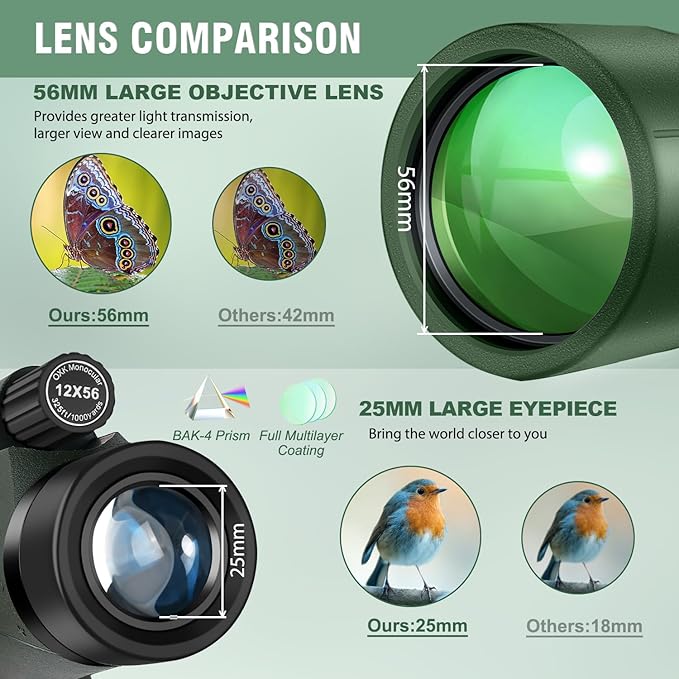 12x56 High Power Monocular Telescope with Tripod Bag, Handheld Monoculars for Adults with BAK4 Prism & FMC Lens, Suitable for Bird Watching Camping, New-Upgraded BAK4 - Forest Green