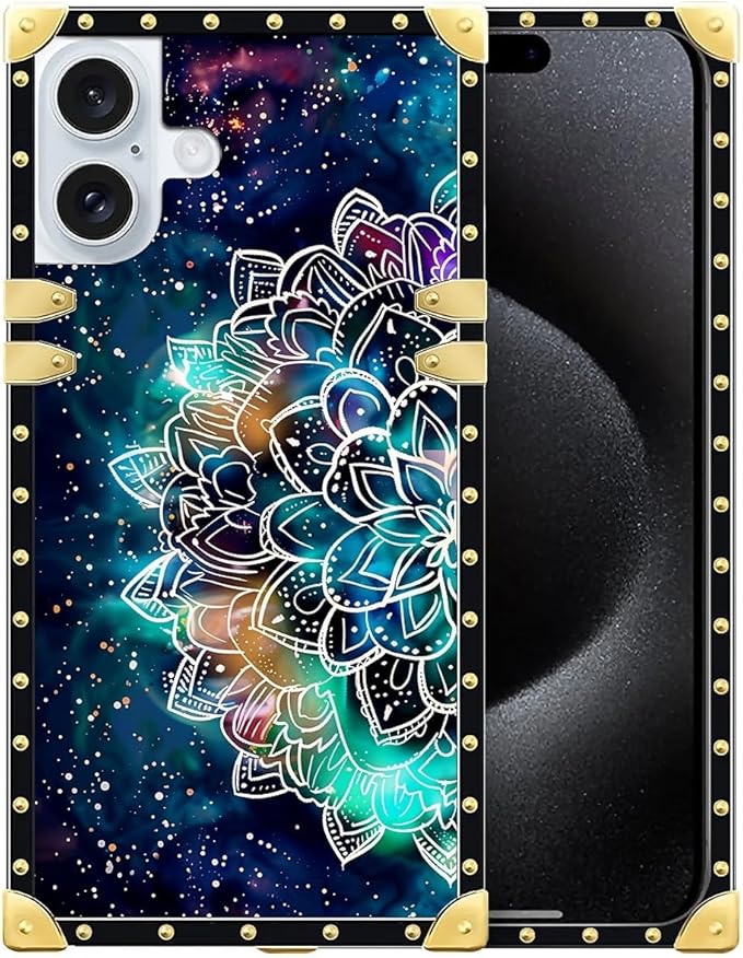 Compatible with iPhone 16 Case, Starry Sky Colourful Mandala Luxury Golden Decoration for Girl Women Soft TPU Shockproof Protective Hard PC Back