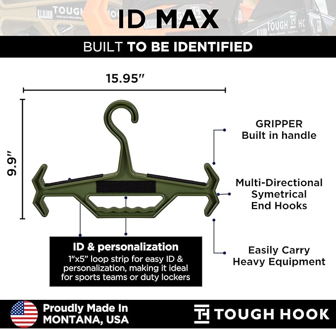 Tough Hook ID MAX Heavy Duty Identification Hanger, USA Made 200 Lb Cap, Plate Carrier, Tactical Gear,Scuba BCD, Anti-Slip Wetsuit & Body Armor Organization System with 3 ID Loop Strips 1 Pack FOLIAGE