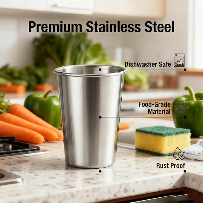 Stainless Steel Cups & Pint Tumblers Set of 8 - 4 Pack 8 oz + 4 Pack 16 oz Stackable, BPA Free Unbreakable 304 Metal Drinking Glasses for Children & Adults, Indoor Outdoor Picnic Travel Camping