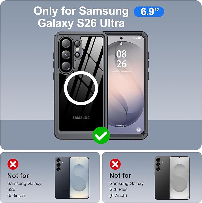 ANTSHARE IP68 Waterproof Case for Samsung Galaxy S26 Ultra [2026] - MagSafe Compatible, Built-in Screen/Lens Protector - Shockproof Full Body Protection for Swimming/Outdoor, Black/Clear