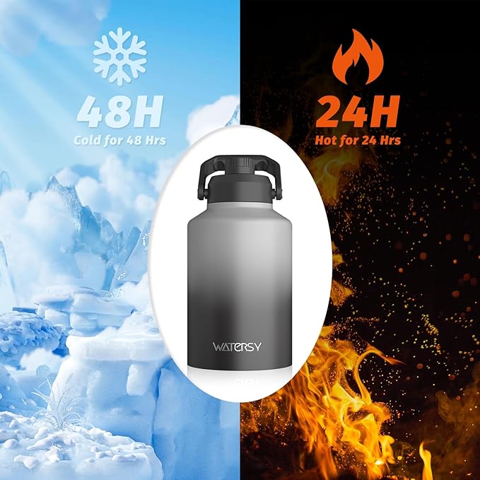 WATERSY 1 Gallon Water Bottle Insulated(Cold for 48 Hrs),BPA Free&Leak Proof,128oz Stainless Steel Water Jug,Big thermo,Large Water Bottle with Handle for Gym,Hiking,Camping&Travel,Gray