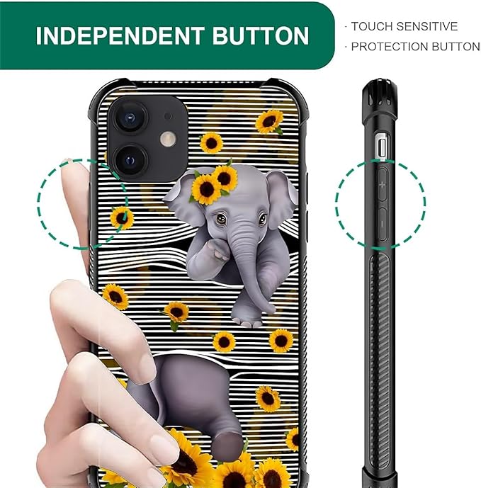 for iPhone 12/12 Pro Case, Cute Little Elephant Sunflower White Line Art Pattern Graphic Design Girl Boy Soft Silicone Hard Acrylic Shock Protection for iPhone 12/12 Pro