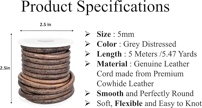 GENIQUE Real/Genuine Round Leather String Cord for Necklace, Bracelets, Jewellery, Braiding (Grey Distressed, 5mm)