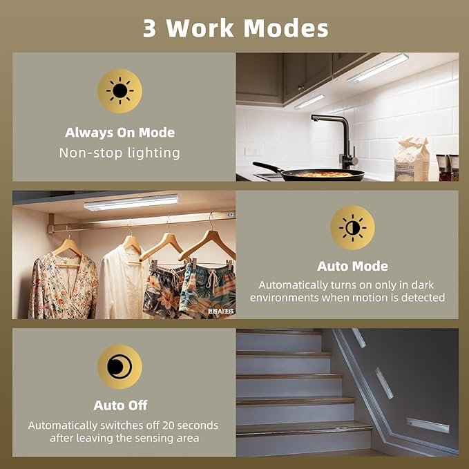 16inch Under Cabinet Lighting, 4 Pack Rechargeable Motion Sensor Light Indoor, Wireless Dimmable Magnetic Closet Lights, 68 LED Under Counter Lights for Kitchen, Wardrobe, Stairs, White Light