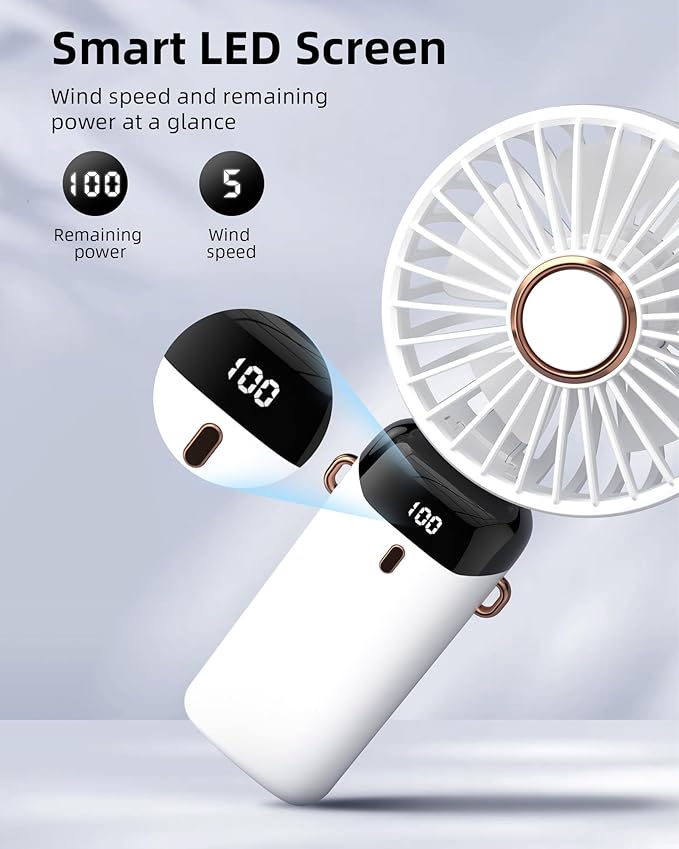 Koonie Portable Handheld, Battery Operated with Base, 8 Hours, Digital Display, 5 Speeds, 90° Ajustable, Rechargeable Mini for Outdoor Indoor White