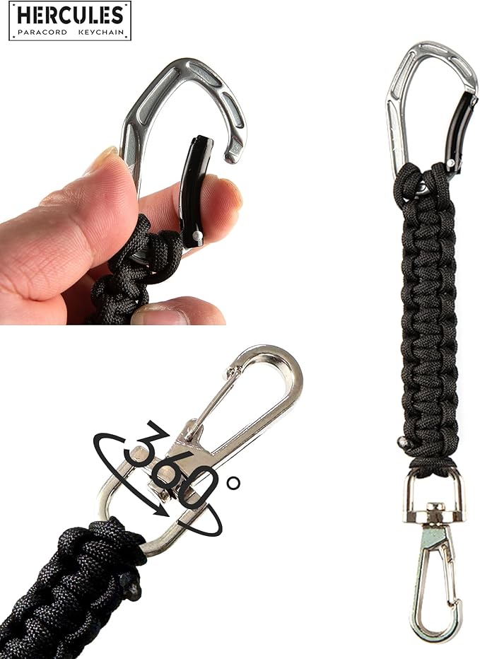 HERCULES Paracord Keychain Set – 2 Pack Lanyard Rope with Aluminum Clip, Durable Paracord Wrist Strap for Outdoor Activities, Black