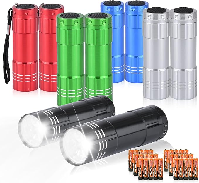 10 Pack of Flashlights 9 LED Mini Aluminum Flashlight Bulk with Lanyard 30 AAA Batteries Included Assorted Colors Handheld Flashlights for Hurricane Supplies Camping, Night Reading, Cycling