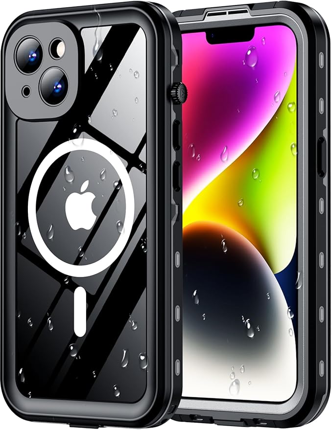 Red2Fire for iPhone 14 Case Waterproof, [Built-in Screen Protector & Camera Protector][Compatible with MagSafe][Full Body Shockproof][IP68 Waterproof][Dustproof] Phone Case 6.1" Black/Clear