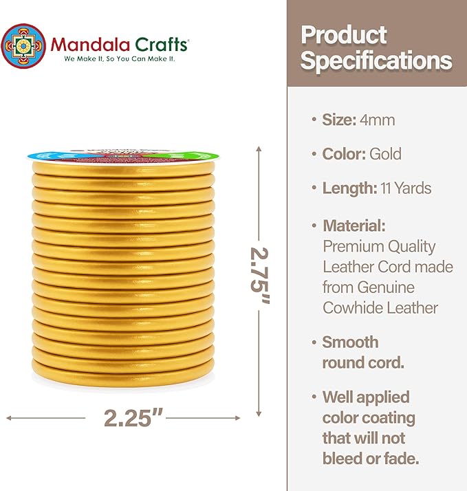 Mandala Crafts Round Genuine Gold Leather Cord for Jewelry Making – 4mm Cowhide Leather Rope String Lace for Kumihimo – 11 Yards Cowhide Craft Cording Spool