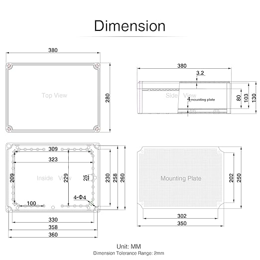 QILIPSU Junction Box with Mounting Plate 380x280x130mm, ABS Plastic DIY Electrical Project Case IP67 Waterproof Dustproof Enclosure Grey (15"x11"x5.1")