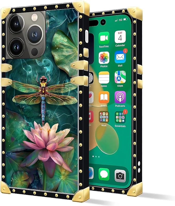 Compatible with iPhone 14 Pro Case, Colourful Dragonfly Pink Lily Pads Luxury Golden Decoration for Girl Women Soft TPU Shockproof Protective Hard PC Back for iPhone 14 Pro