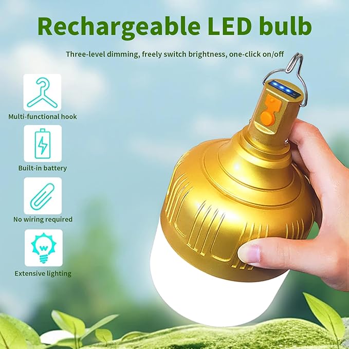 2-Pack Rechargeable Outdoor Camping Lights, 2400mAh IPX4 Waterproof LED Hanging Light, Emergency Light Bulbs for Power Outage, Portable Tent Lamps with Hook for Campsite, Vendor Booths, BBQ
