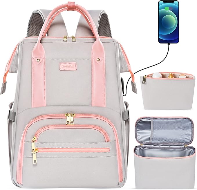 Kaome Lunch Backpack 15.6 Inch Laptop Backpack for Women with USB Port Nurse Gift Teacher Work Backpack Cooler Insulated Lunch Bag Waterproof Daypacks for Work Picnic Travel Anti-theft