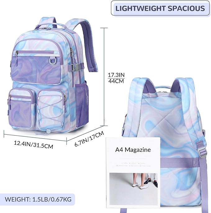 Lohol Multi-Pocket Backpack for School College Travel, Heavy Duty Big Bookbag with 15.6 inch Laptop Compartment (Purple Galaxy