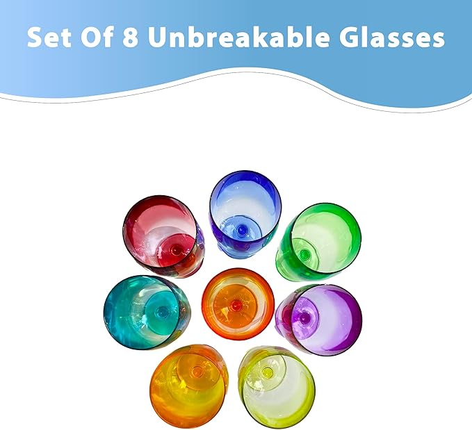 Lily's Home Unbreakable Plastic Wine Glasses Set of 8, 12 oz Shatterproof Stackable Tumblers, Reusable BPA Free Goblets for Party, Picnic, Camping, and Outdoor Use. Made in Taiwan(Multicolor)