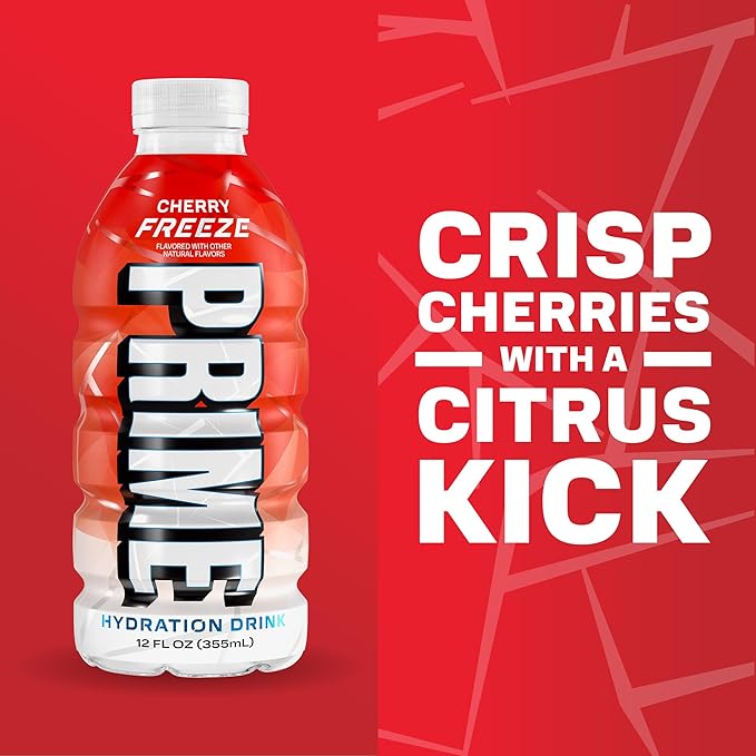 PRIME Hydration Cherry Freeze & Future Freeze Sports Drinks with Coconut Water, Electrolyte Enhanced to Replenish Fluids, Zero Added Sugar, B Vitamins, Antioxidants, Natural Flavors, 12 Fl Oz 24 Pack