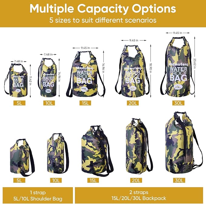 Waterproof Dry Bag 5L/10L/15L/20L/30L Roll Top Dry Storage Backpack with Phone Case, Collapsible Water Bottle, Sunglasses, Ear Band for Kayaking Boating Swimming Fishing Camping, Yellow 30L