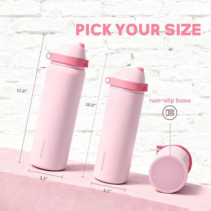 24 oz Insulated Water Bottle with Straw, Stainless Steel Water Bottle with 2-in-1 Push-Button Spout & Quick-Flip Straw, Fits Car Cupholder, Leakproof, for Gym, Travel, School, Camping, Pink