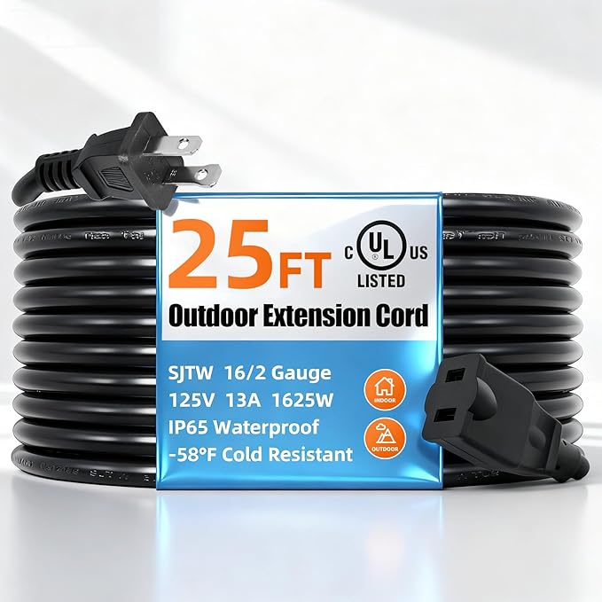 UL Listed Outdoor Extension Cord 2 Prong 25 FT Polarized Plug SJTW 16/2 Gauge 13 AMP 125V 1625W, Black Outdoor Extension Cord Waterproof, Flame & Cold Retardant,Water & Weather Resistant