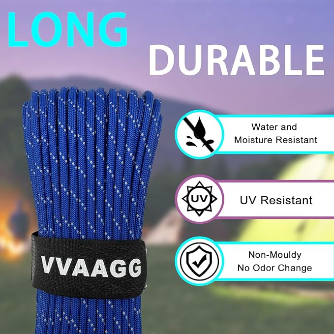 VVAAGG Reflective Paracord Rope 100FT, 7 Strand Nylon para Cord Lanyard Utility 550 Parachute Cord, 4mm Thin Tent Rope for Outdoor Camping Hiking