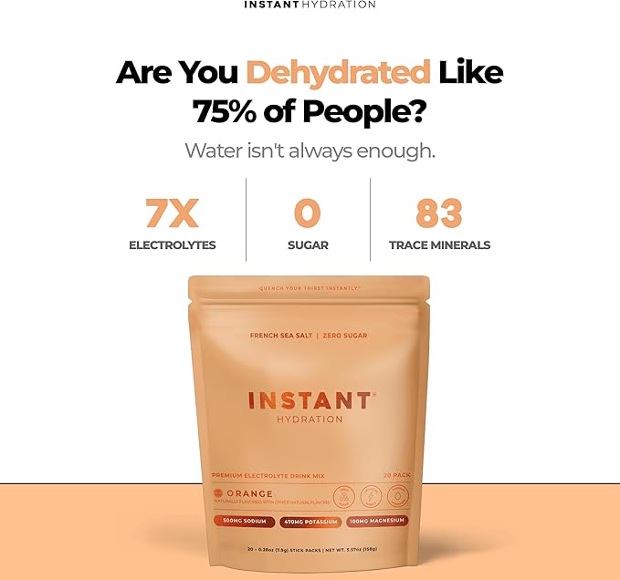 Instant Hydration Sugar Free Electrolytes Powder Packets - Orange Citrus Electrolyte Drink Mix & Travel Essentials - Post Workout Recovery, Brain Health, Muscle & Tissue Support - 20 Count
