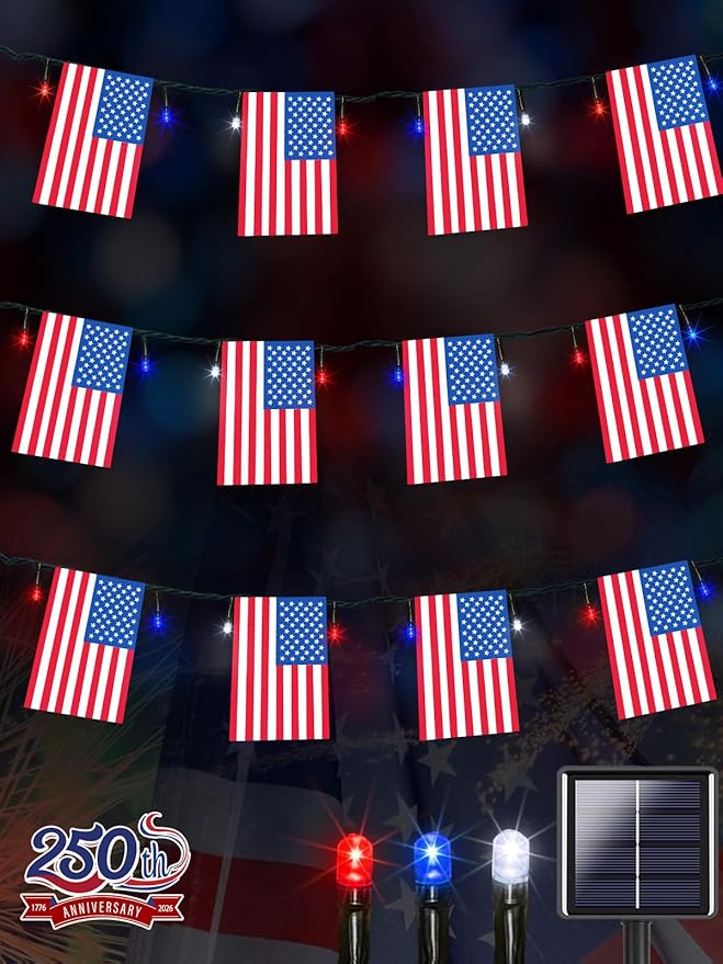 4th of July Decorations, Solar American Flag Lights Outdoor with 8 Modes, 18.8FT 25 USA Flags & 50 Red White and Blue LEDs Patriotic String Lights Waterproof for Independence Day 250th Anniversary