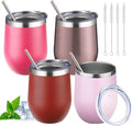 12oz Stemless Wine Tumbler with Lid Double Wall Insulated Wine Cup Stainless Steel Glasses Tumbler with Straw Insulated cocktail Tumbler Coffee Mug for Hot and Cold Beverages (Multicolor-2,4Pack)