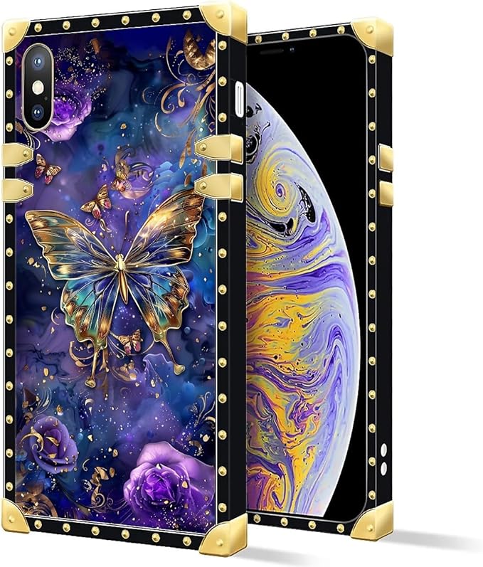 Compatible with iPhone XR Case, Glistening Golden Butterfly Vibrant Purple Blue Luxury Golden Decoration for Girl Women Soft TPU Shockproof Protective Hard PC Back for iPhone XR