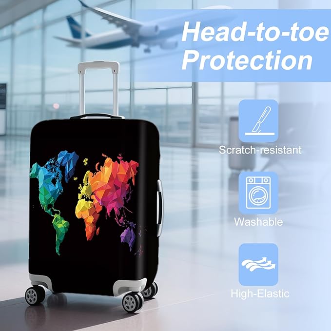 ANNA QUEEN Geometric World Map Travel Luggage Cover -Stretchable Airplane Suitcase Protector Sleeve,Universal Washable Fit for 20-22 Inch Checked Baggage,Water Resistant Durable Luggage Protector