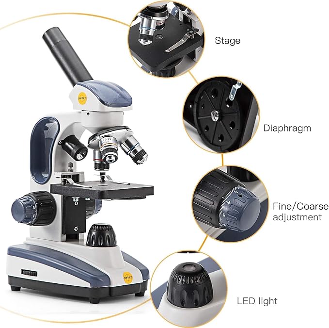 SWIFT Compound Monocular Microscope SW200DL with 40X-1000X Magnification, Dual Light, Precision Fine Focus, Wide-Field 25X Eyepiece and Cordless Capability for Student Beginner