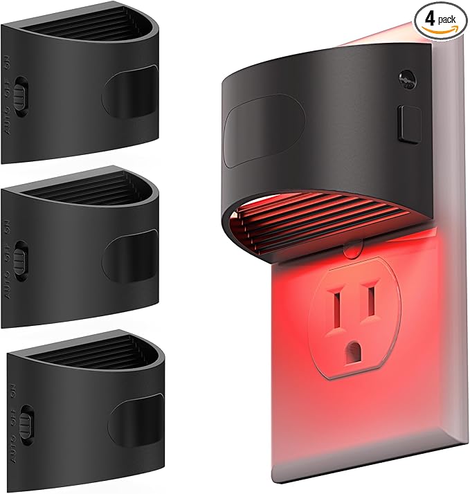 L LOHAS LED Night Light with Motion Sensor & Dusk to Dawn Sensor, Night Lights Plug into Wall with 30-100lm Adjustable Brightness, Dimmable Night Light for Bathroom Hallway, Red, 4 Pack