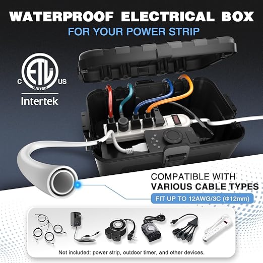 Flemoon Large Outdoor Electrical Box (12.5 x 8.5 x 5 inch), IP54 Waterproof Extension Cord Cover Weatherproof, Protect Outlet, Plug, Socket, Timer, Power Strip, Holiday Light Decoration, Black