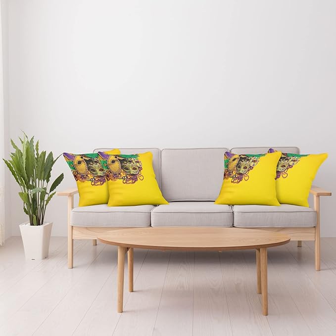 Ambesonne Mardi Gras Decorative Throw Pillow Case Pack of 4, Colorful Group of Venetian Carnivals Accessories, Cushion Cover for Couch Living Room Car, 20", Purple Yellow