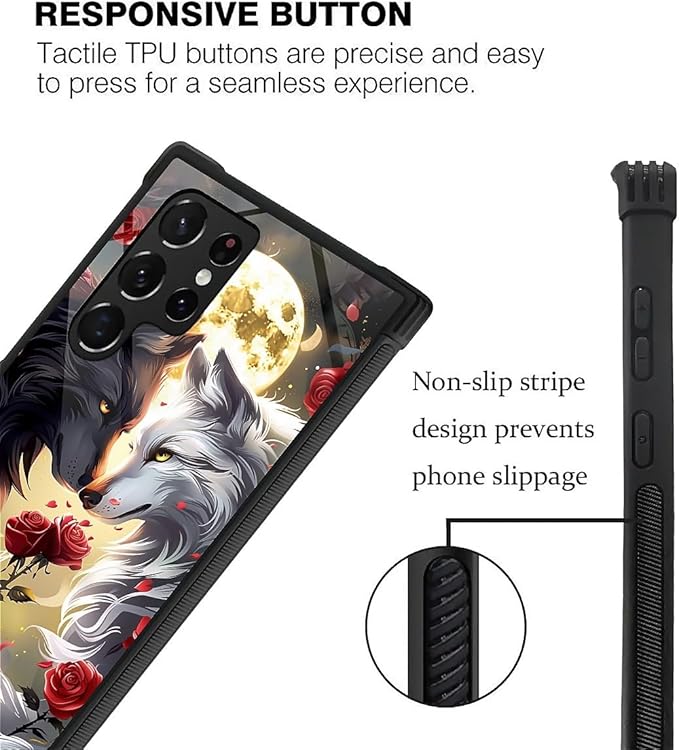 for Samsung Galaxy S23 Ultra Case, Black White Wolf Moon Flower Rose Pattern Graphic Design Girl Boy Soft Silicone Hard Acrylic Shock Protection for Samsung Galaxy S23 Ultra