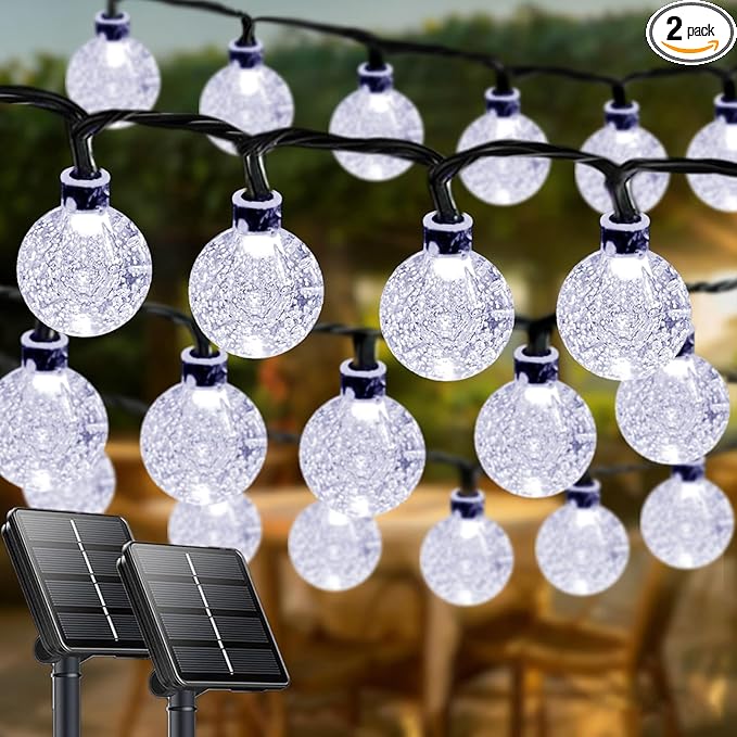 LORRYTE White 2-Pack 100 LED 64FT Crystal Globe Solar Lights Outdoor, Waterproof Solar String Lights Outdoor Decorative with 8 Lighting Modes for Patio Decorations Garden Wedding Party Tree Porch