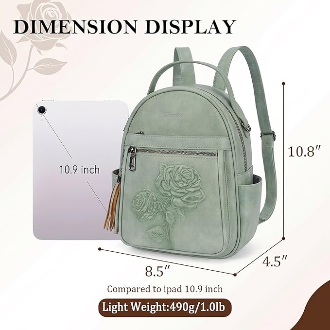 Mini Backpack Purse for Women,Embossed Vegan Leather Small Backpack Fashion Backpacks Daypacks Shoulder Handbag (Green-Flower)