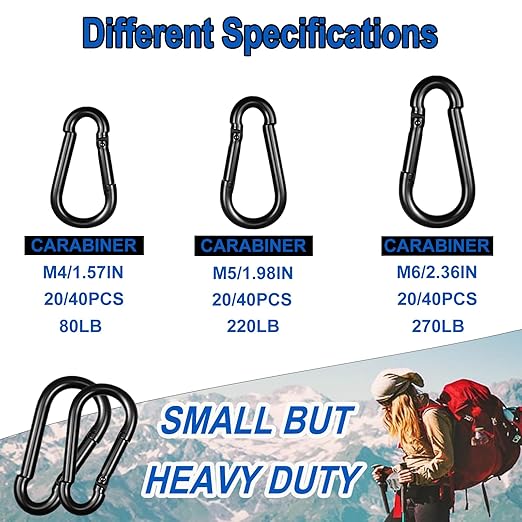 20PCS M4 Heavy Duty Carabiner Clip, 1.57Inch Snap Hook Quick Link Small Carabiner Clips,Spring Link Buckle for Fishing Camping Hammock Dog Leashes-110LBS Holding Capacity (Black)