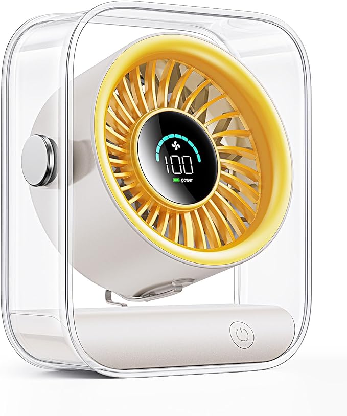 DIGIX Portable Desk Fan for Bedroom, Rechargeable Small Table Fan with 100 Speeds, 90° Rotation, Turbo Airflow, LED Display, Quiet Personal USB Cooling Fan for Office Home Travel Camping, Yellow